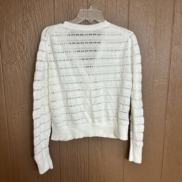 Loft‎ Open Knit Textured Button Up Cardigan Sweater Size Large White Ribbed Trim - Picture 6 of 6